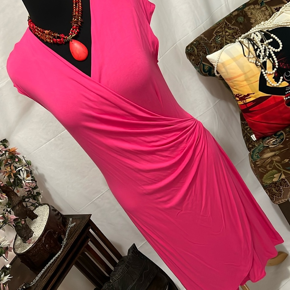 Bright fuschia, faux wrapped dress by Tommy Hilfiger.